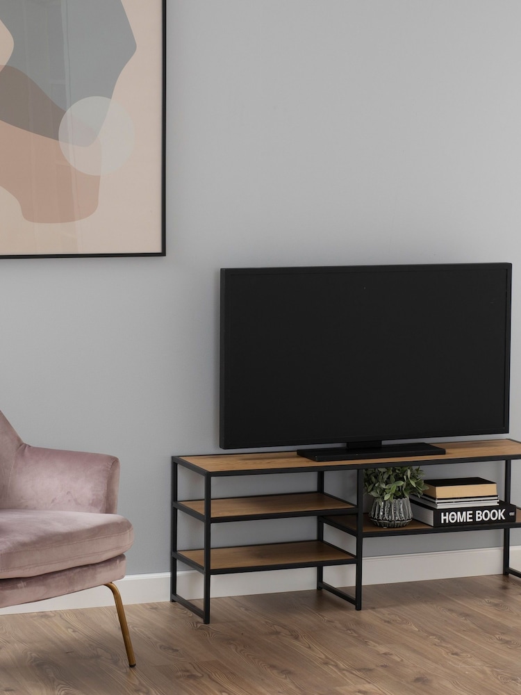 Actona Black Oak Seaford Metal Open TV Unit - Image 1 of 6