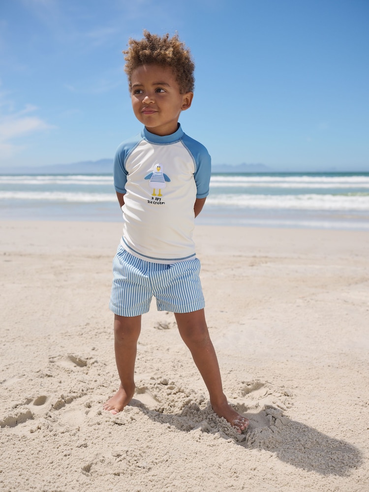 Blue/Ecru Seagull Short Sleeve Sunsafe Rash Vest and Swim Shorts Set (3mths-7yrs) - Image 1 of 8