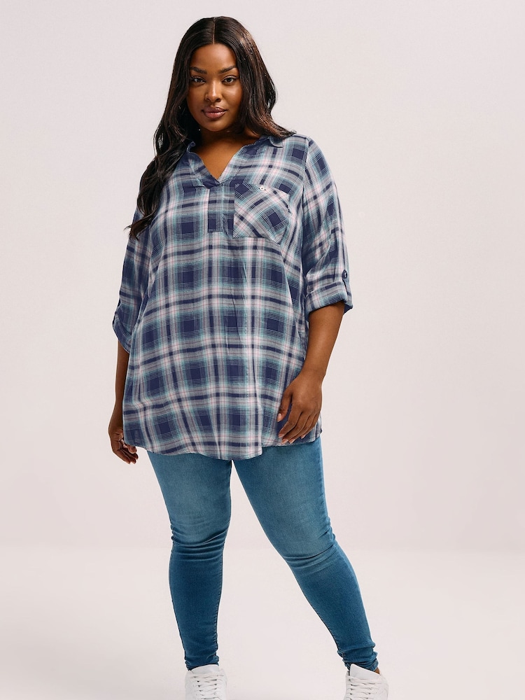 Azul - Camisa Yours Curve de viscose com sobreposição Check - Imagem 2 de 5