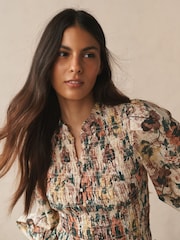 Multi Vintage Floral Print Smocked Button Front Long Sleeve Blouse - Image 1 of 8