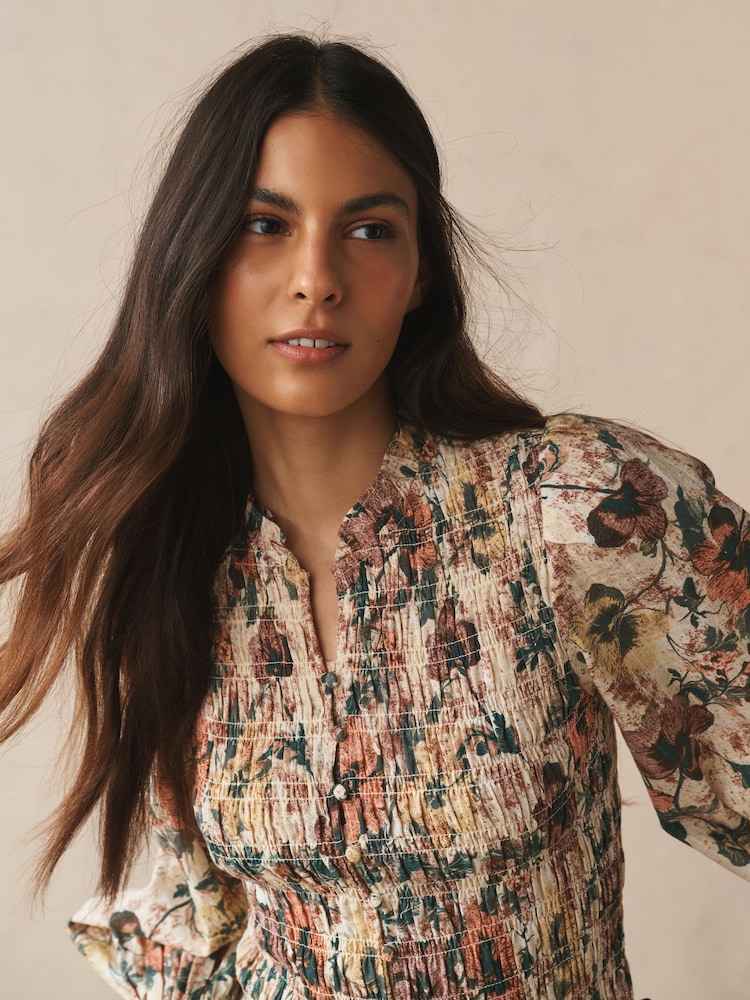 Multi Vintage Floral Print Smocked Button Front Long Sleeve Blouse - Image 1 of 8