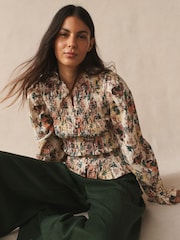 Multi Vintage Floral Print Smocked Button Front Long Sleeve Blouse - Image 3 of 8