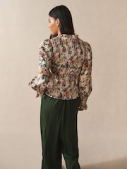 Multi Vintage Floral Print Smocked Button Front Long Sleeve Blouse - Image 4 of 8