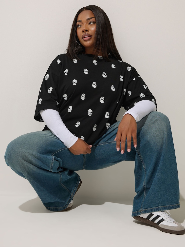 Yours Curve Black Limited Skull 2 In 1 T-Shirt - Image 1 of 6