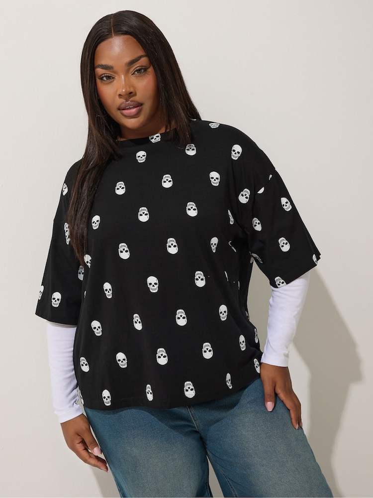 Yours Curve Black Limited Skull 2 In 1 T-Shirt - Image 2 of 6