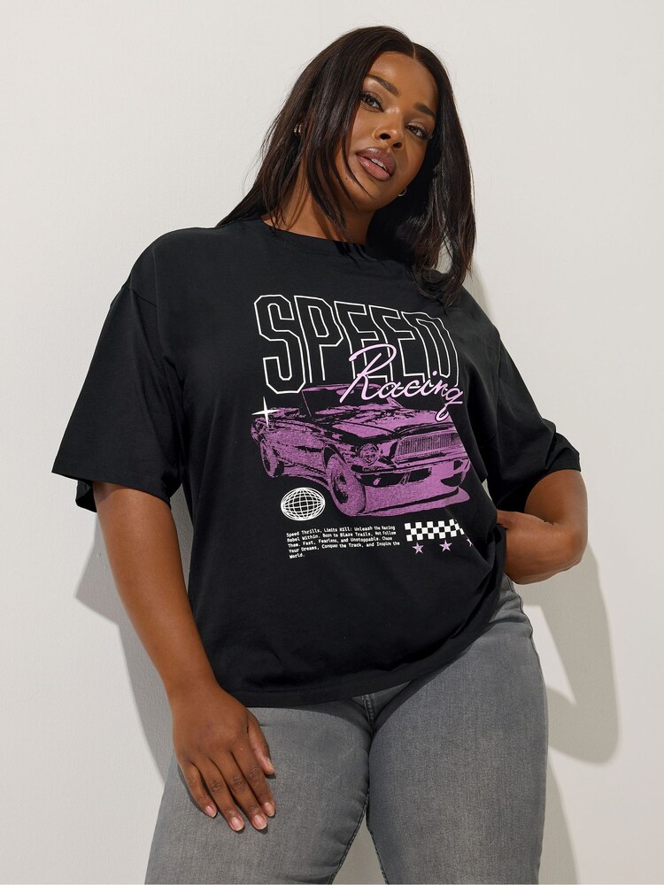 Yours Curve Black Limited Motor Sports T-Shirt - Image 1 of 6