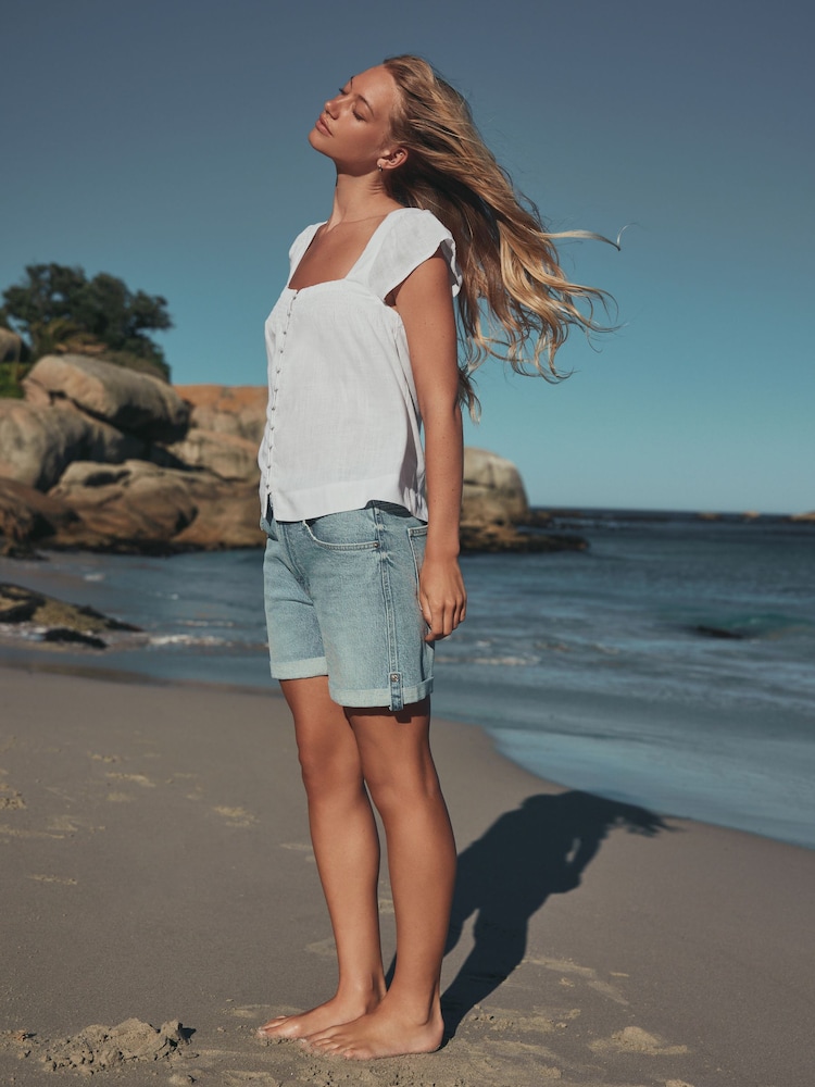 White Flutter Sleeve Button Front Top With Linen - Image 2 of 7 White Flutter Sleeve Button Front Top With Linen - Image 2 of 7