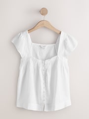 White Flutter Sleeve Button Front Top With Linen - Image 5 of 7