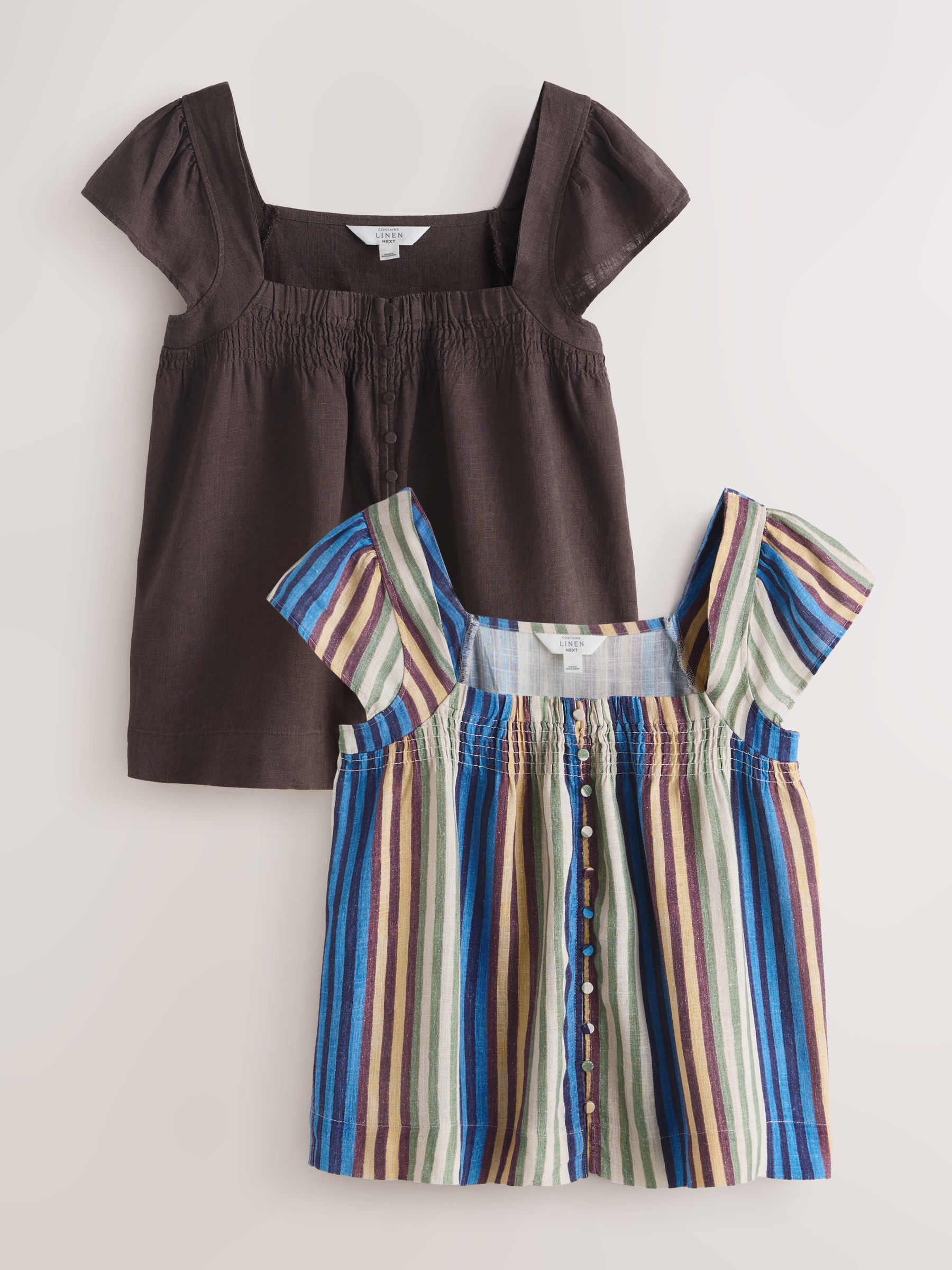 Buy Blue Stripe/Chocolate Brown Flutter Sleeve Button Front Tops 2