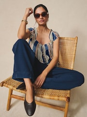 Two Pack Multi Stripe/Chocolate Brown - 喇叭袖鈕扣前襟亞麻上衣 - 圖片 2，共 9