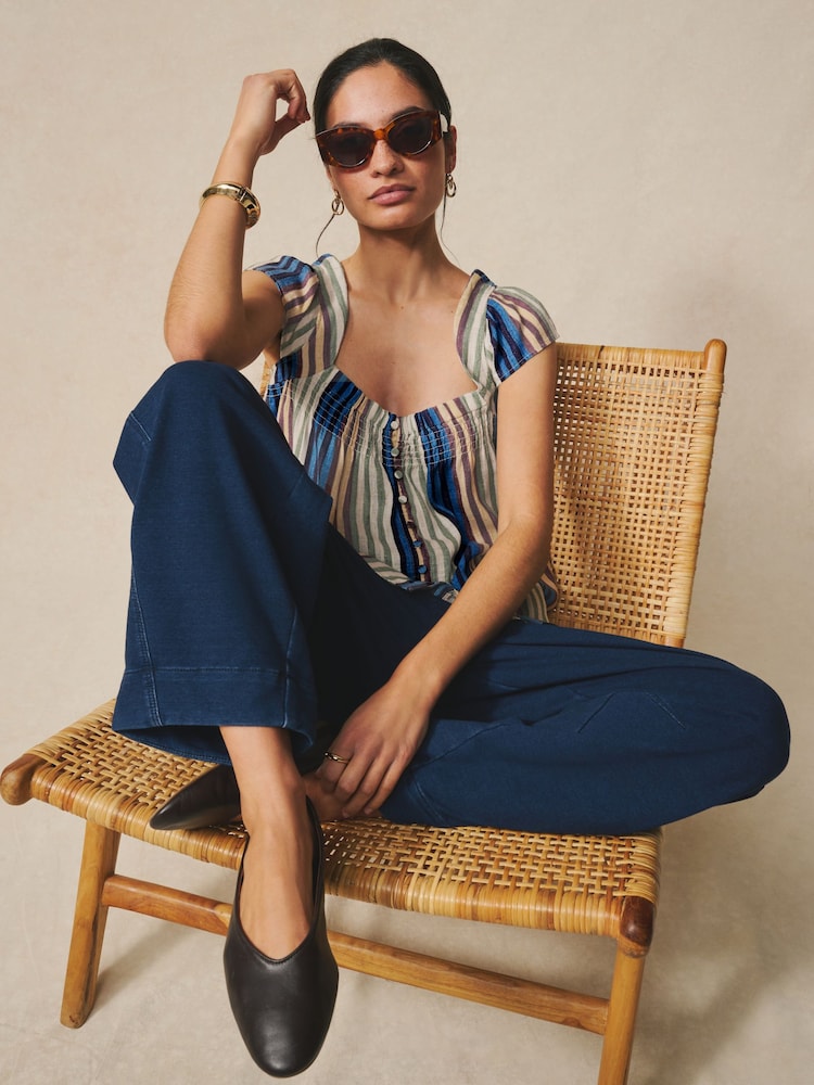 Two Pack Multi Stripe/Chocolate Brown - 喇叭袖鈕扣前襟亞麻上衣 - 圖片 2，共 9