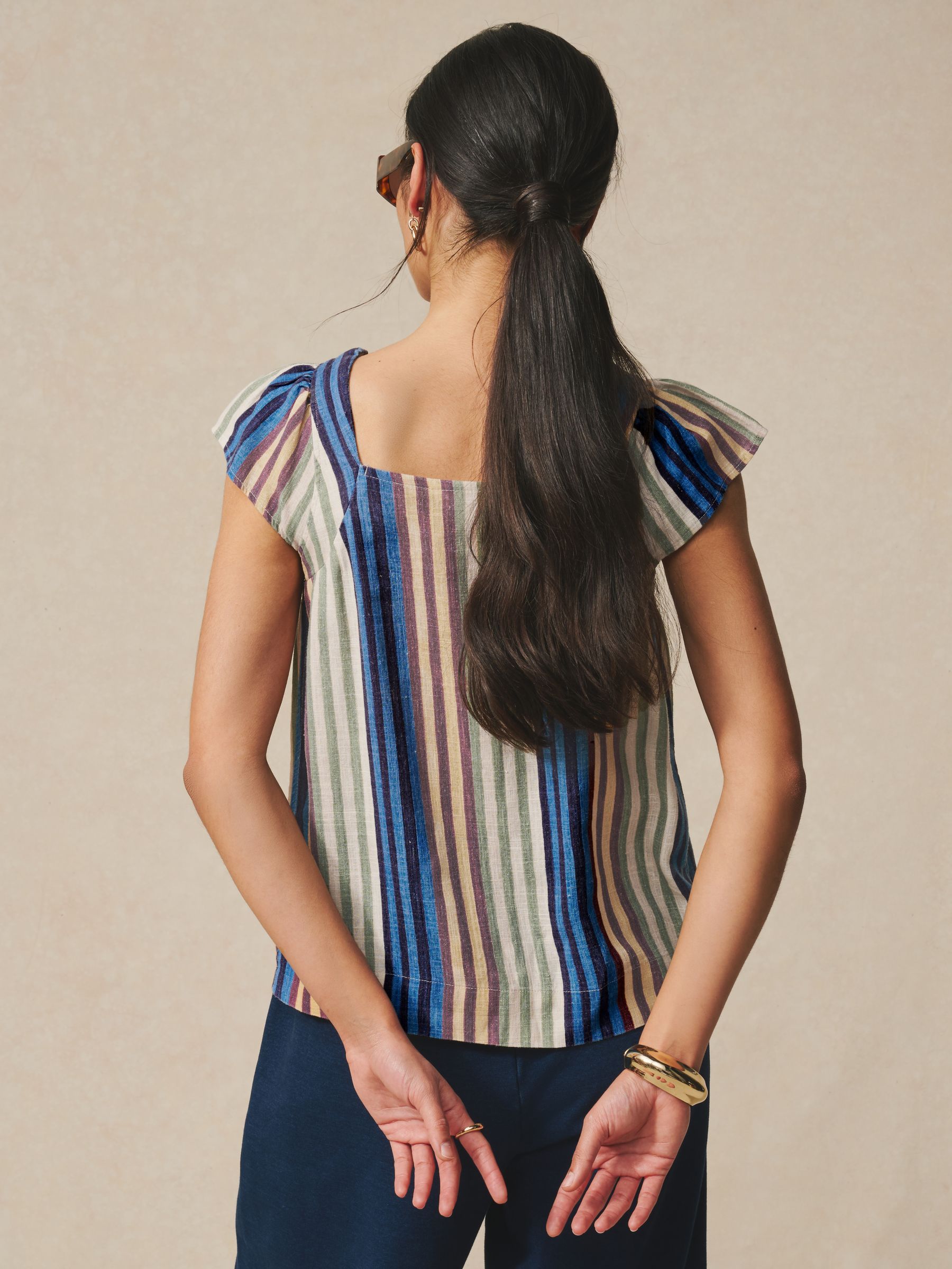 トップス a Buy Blue Stripe/Chocolate Brown Flutter Sleeve Button Front Tops 2