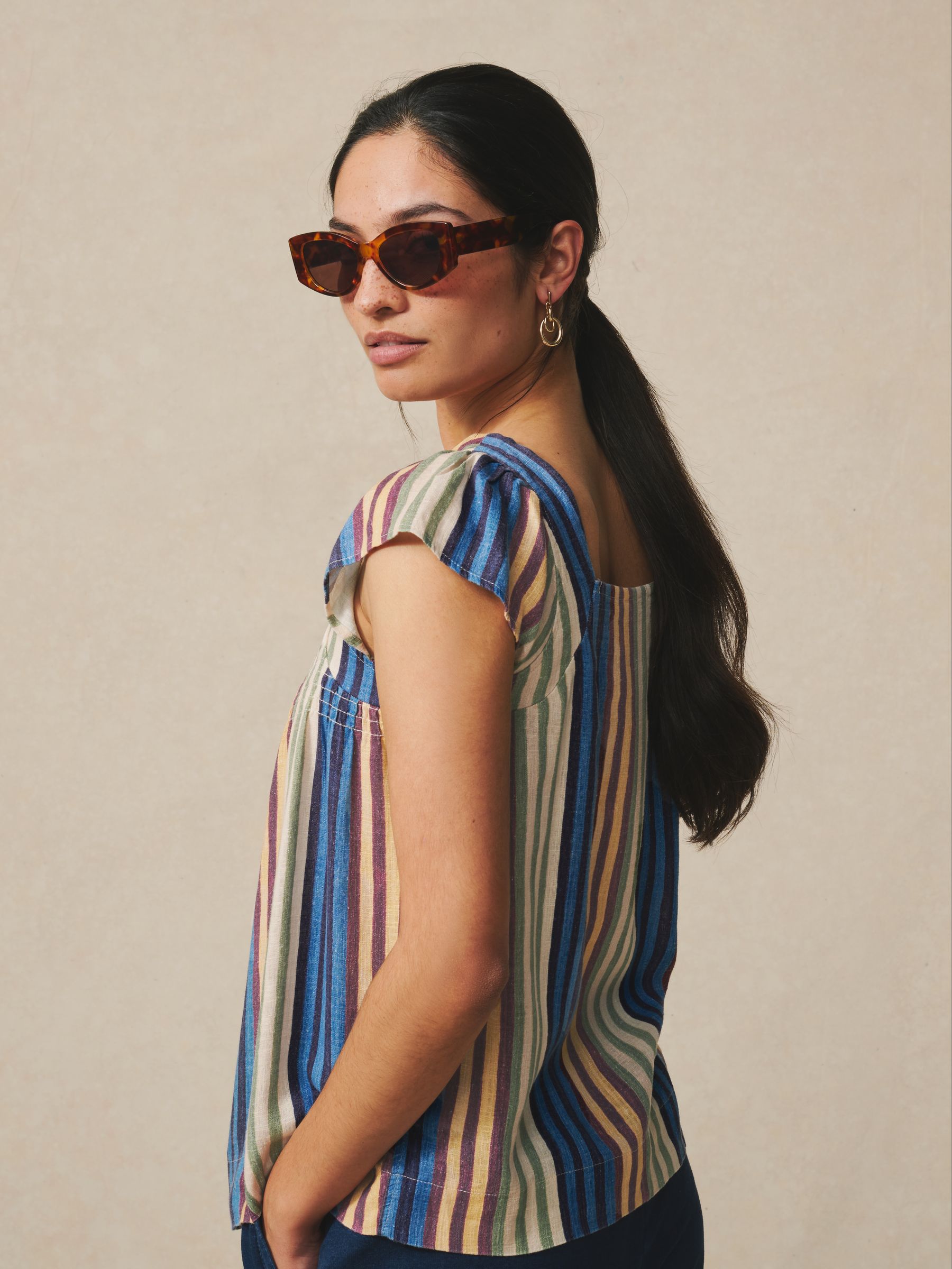 トップス 617 Buy Blue Stripe/Chocolate Brown Flutter Sleeve Button Front Tops 2