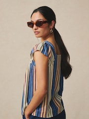 Two Pack Multi Stripe/Chocolate Brown - 喇叭袖鈕扣前襟亞麻上衣 - 圖片 4，共 9