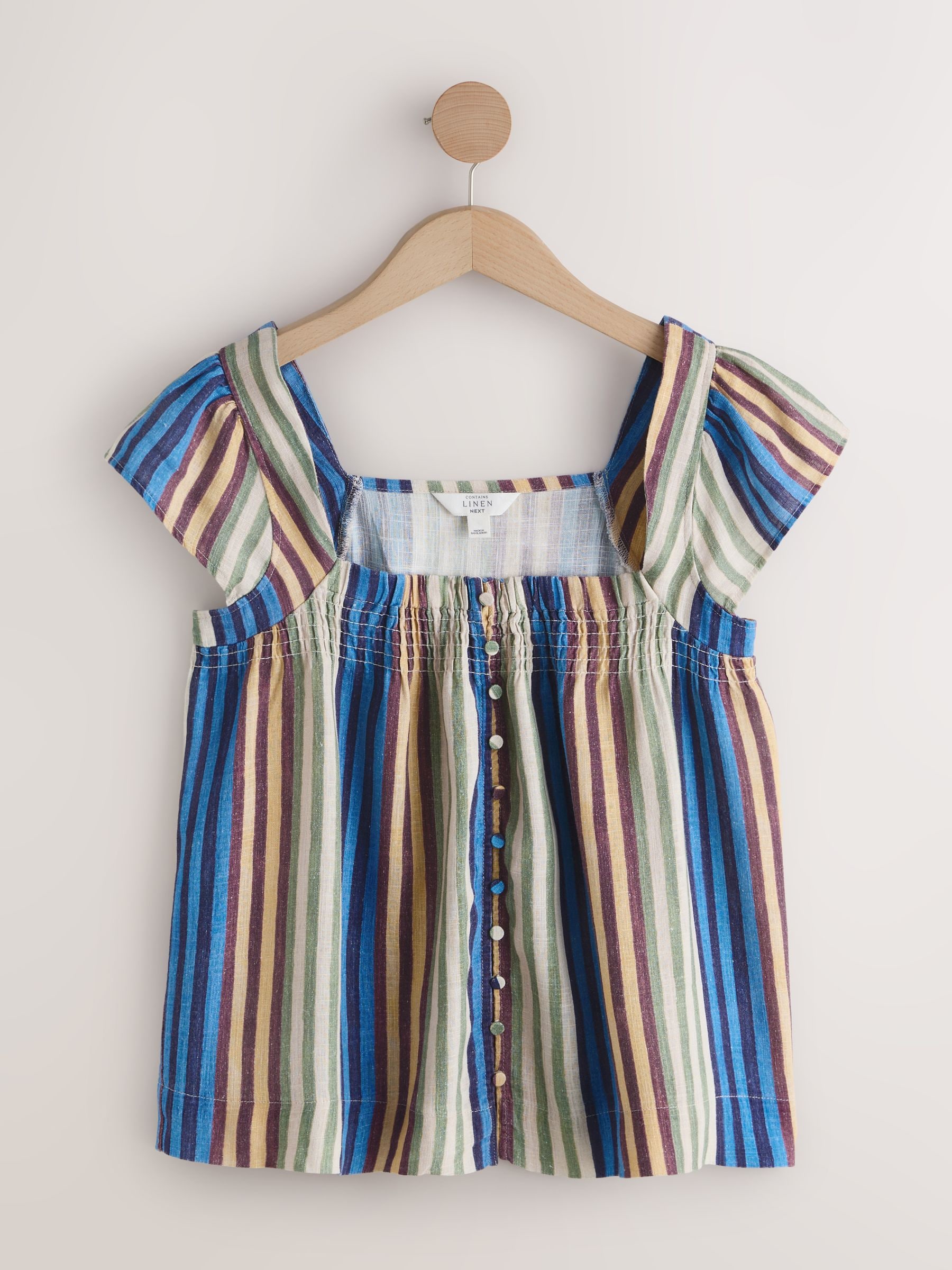 Buy Blue Stripe/Chocolate Brown Flutter Sleeve Button Front Tops 2