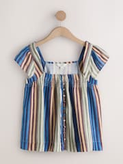 Two Pack Multi Stripe/Chocolate Brown - 喇叭袖鈕扣前襟亞麻上衣 - 圖片 7，共 9