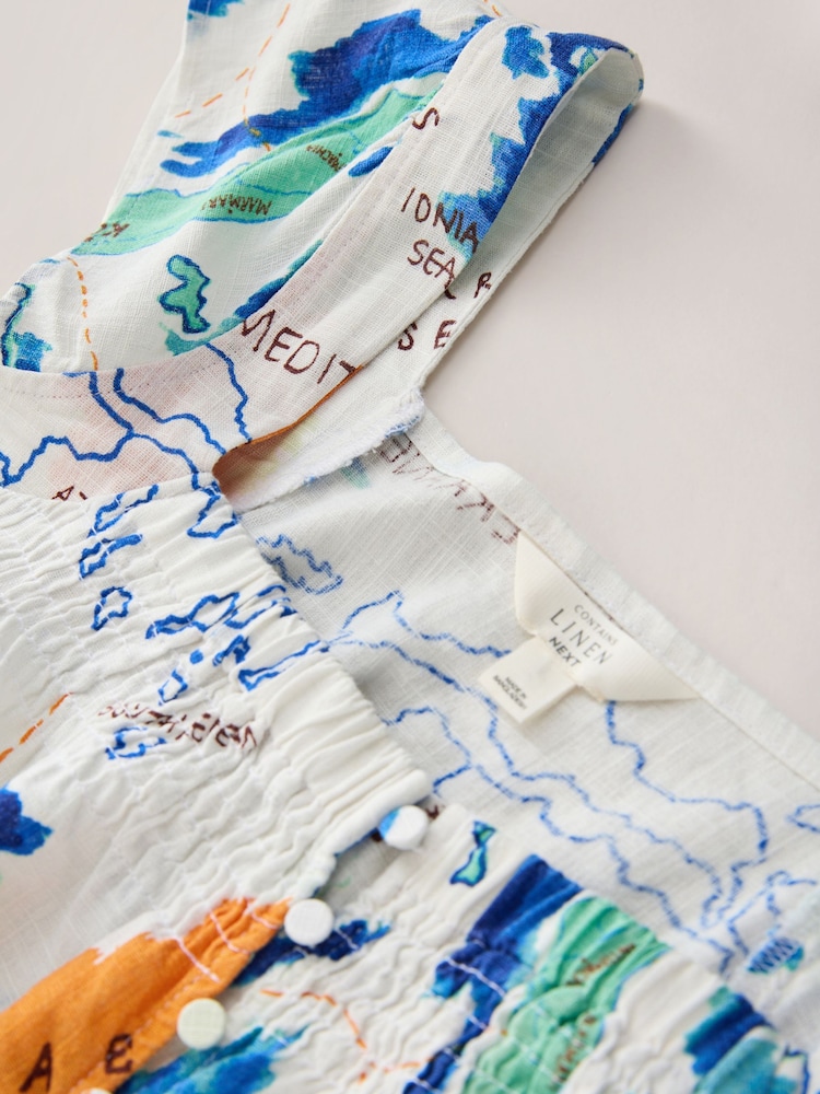 Ecru/Orange Landkarten-Print - Top mit flatternden Ärmeln, Knopfleiste und Leinenanteil - Bild 2 von 3