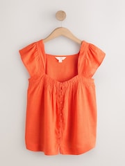 Oranje - Flutter Sleeve Button Front Top With Linen - Afbeelding 1 van 3