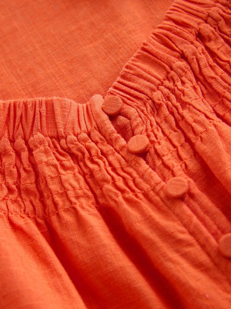 Oranje - Flutter Sleeve Button Front Top With Linen - Afbeelding 2 van 3
