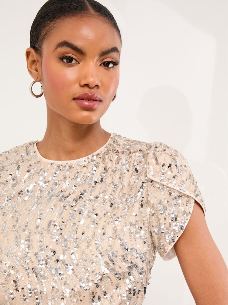 Lipsy Gold Sequin Tulip Sleeve Top - Image 1 of 4