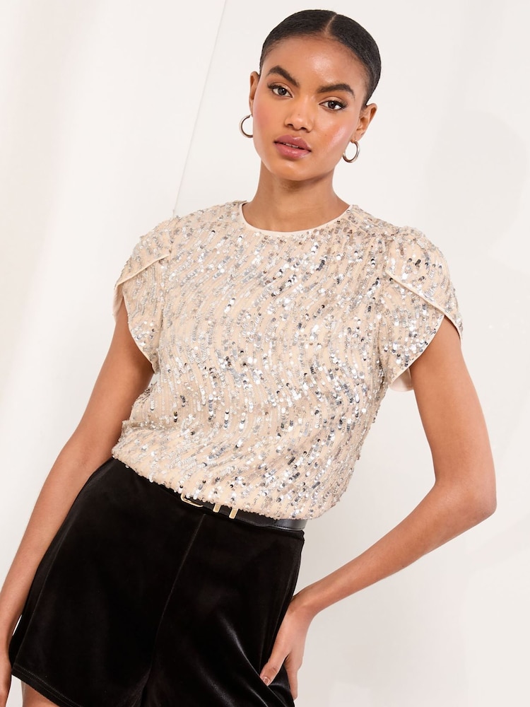 Lipsy Gold Sequin Tulip Sleeve Top - Image 2 of 4