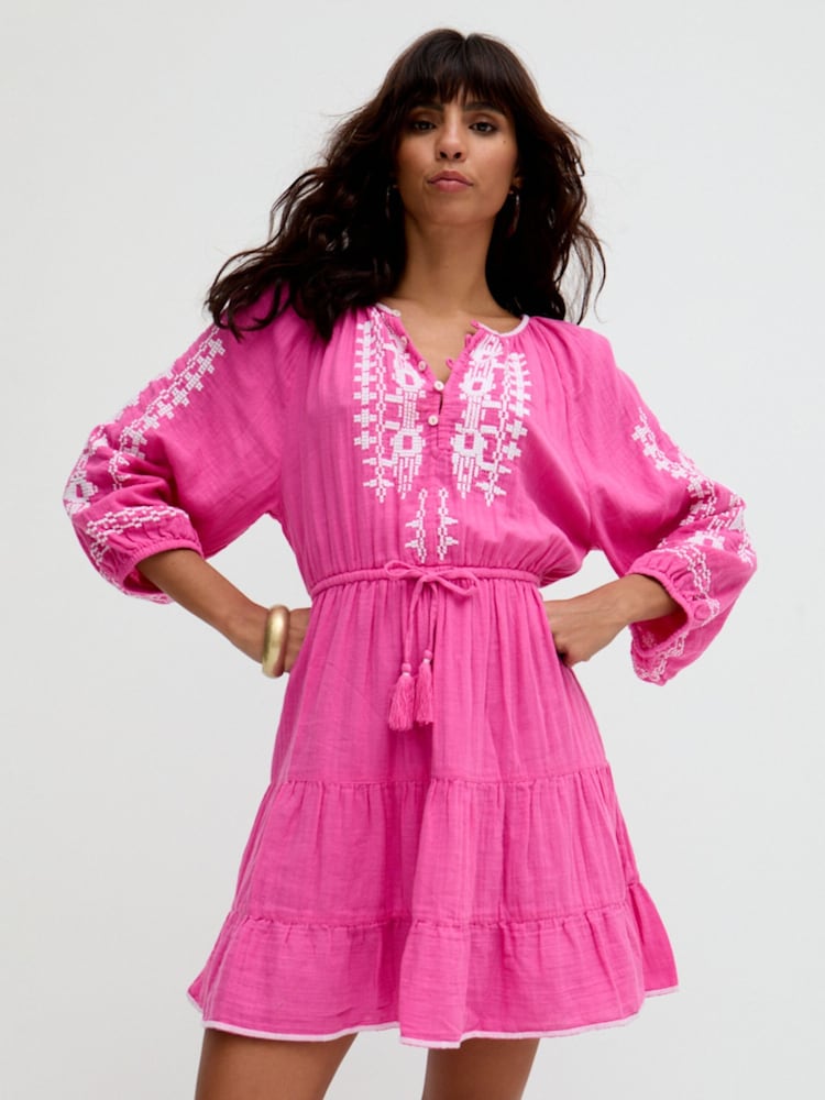 Raffya Pink Mini Sophia Tiered Ruffle Embroidered Dress - Image 1 of 5