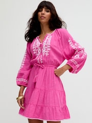 Raffya Pink Mini Sophia Tiered Ruffle Embroidered Dress - Image 2 of 5