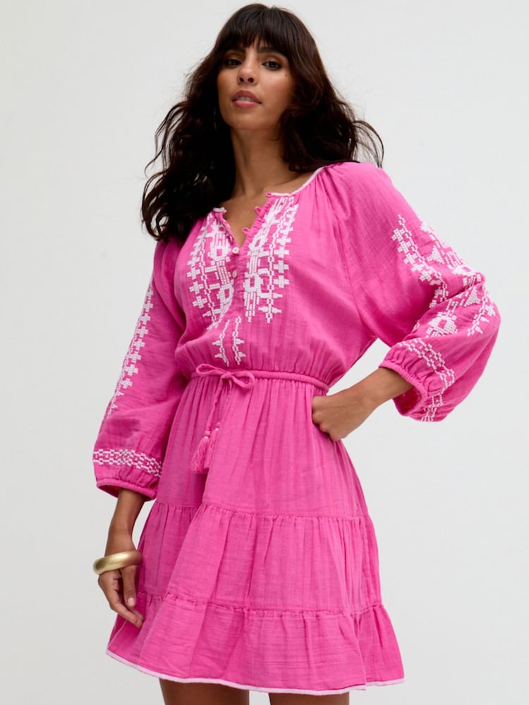 Raffya Pink Mini Sophia Tiered Ruffle Embroidered Dress - Image 2 of 5