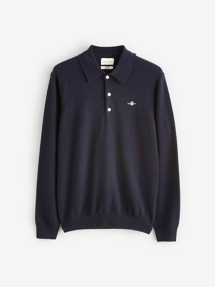 GANT Blue Superfine Lambswool Knit Polo Shirt - Image 1 of 1 GANT Blue Superfine Lambswool Knit Polo Shirt - Image 1 of 1