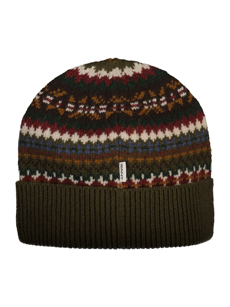 GANT Green Fair Isle Pattern Lambswool Beanie Hat - Image 2 of 2 GANT Green Fair Isle Pattern Lambswool Beanie Hat - Image 2 of 2