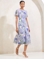 Marineblau - Lipsy Printed Puff Sleeve Crew Neck Midi Dress - Bild 1 von 4