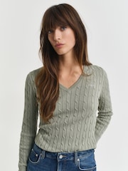 GANT Green Stretch Cotton Cable Knit V-Neck Jumper - Image 1 of 5