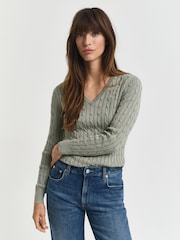GANT Green Stretch Cotton Cable Knit V-Neck Jumper - Image 4 of 5