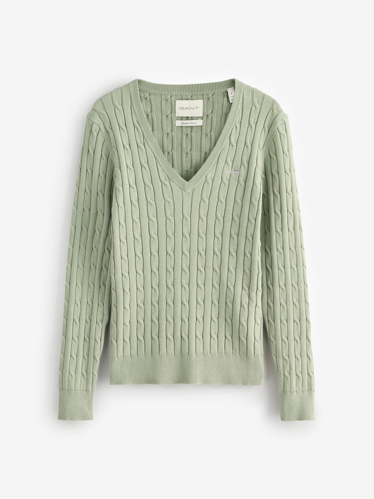 GANT Green Stretch Cotton Cable Knit V-Neck Jumper - Image 5 of 5