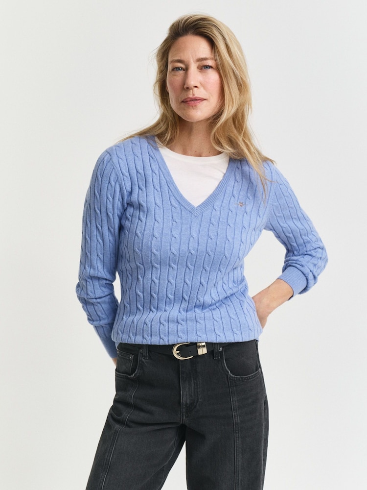 GANT Blue Stretch Cotton Cable Knit V-Neck Jumper - Image 1 of 5 GANT Blue Stretch Cotton Cable Knit V-Neck Jumper - Image 1 of 5