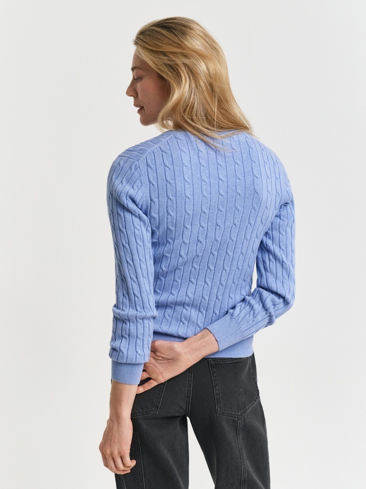 GANT Blue Stretch Cotton Cable Knit V-Neck Jumper - Image 2 of 5 GANT Blue Stretch Cotton Cable Knit V-Neck Jumper - Image 2 of 5