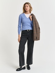 GANT Blue Stretch Cotton Cable Knit V-Neck Jumper - Image 3 of 5