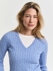 GANT Blue Stretch Cotton Cable Knit V-Neck Jumper - Image 4 of 5