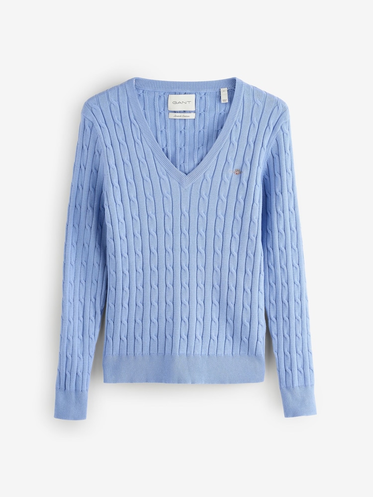 GANT Blue Stretch Cotton Cable Knit V-Neck Jumper - Image 5 of 5 GANT Blue Stretch Cotton Cable Knit V-Neck Jumper - Image 5 of 5