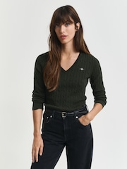 GANT Light Green Stretch Cotton Cable Knit V-Neck Jumper - Image 1 of 5