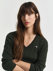 GANT Light Green Stretch Cotton Cable Knit V-Neck Jumper - Image 4 of 5