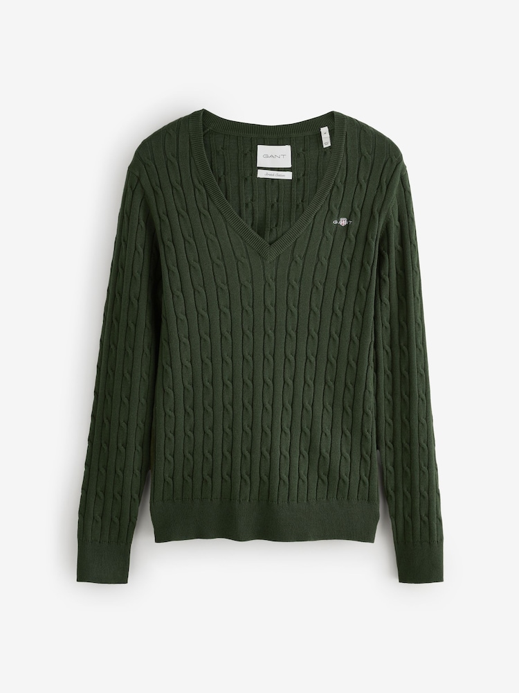GANT Light Green Stretch Cotton Cable Knit V-Neck Jumper - Image 5 of 5 GANT Light Green Stretch Cotton Cable Knit V-Neck Jumper - Image 5 of 5