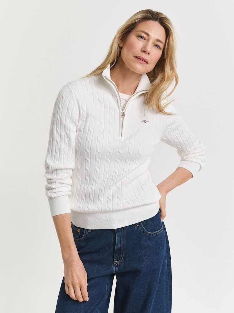 GANT Cream Stretch Cotton Cable Knit Half Zip Jumper - Image 1 of 4
