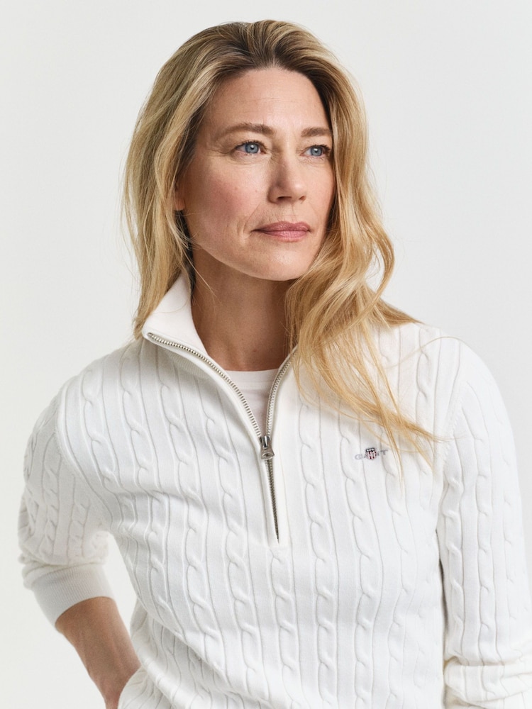 GANT Cream Stretch Cotton Cable Knit Half Zip Jumper - Image 4 of 4