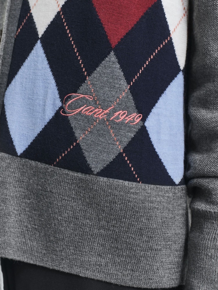 GANT Grey Argyle Pattern V-Neck Button Through Cardigan - Image 6 of 6