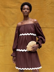 Ro&Zo Brown Bardot Contrast Trim Dress - Image 1 of 6