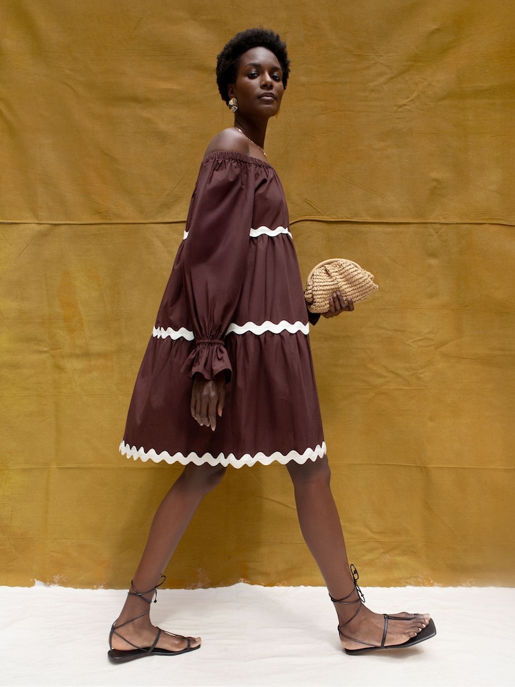 Ro&Zo Brown Bardot Contrast Trim Dress - Image 2 of 6