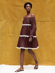 Ro&Zo Brown Bardot Contrast Trim Dress - Image 3 of 6