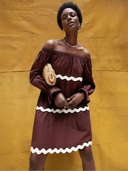 Ro&Zo Brown Bardot Contrast Trim Dress - Image 4 of 6