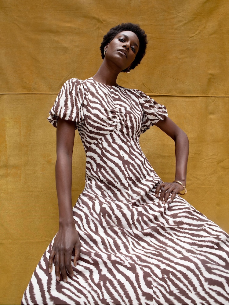 Ro&Zo Brown Petite Zebra Print Puff Sleeve Dress - Image 1 of 6